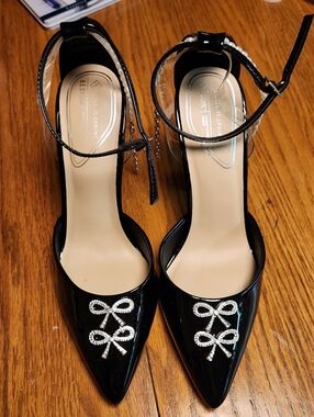 Black Patent Pointed-Toe Ankle-Strap Pumps with Crystal Bows